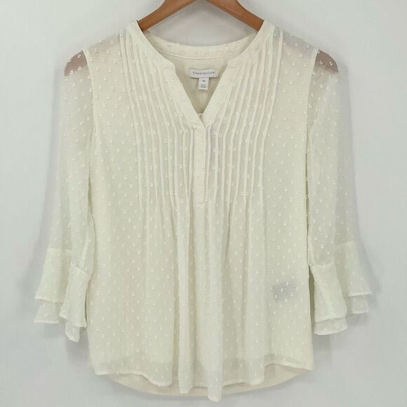 Charter Club Ruffle Textured Pintuck Top Swiss Dot Ivory Women Small Petite NWT - Picture 1 of 5